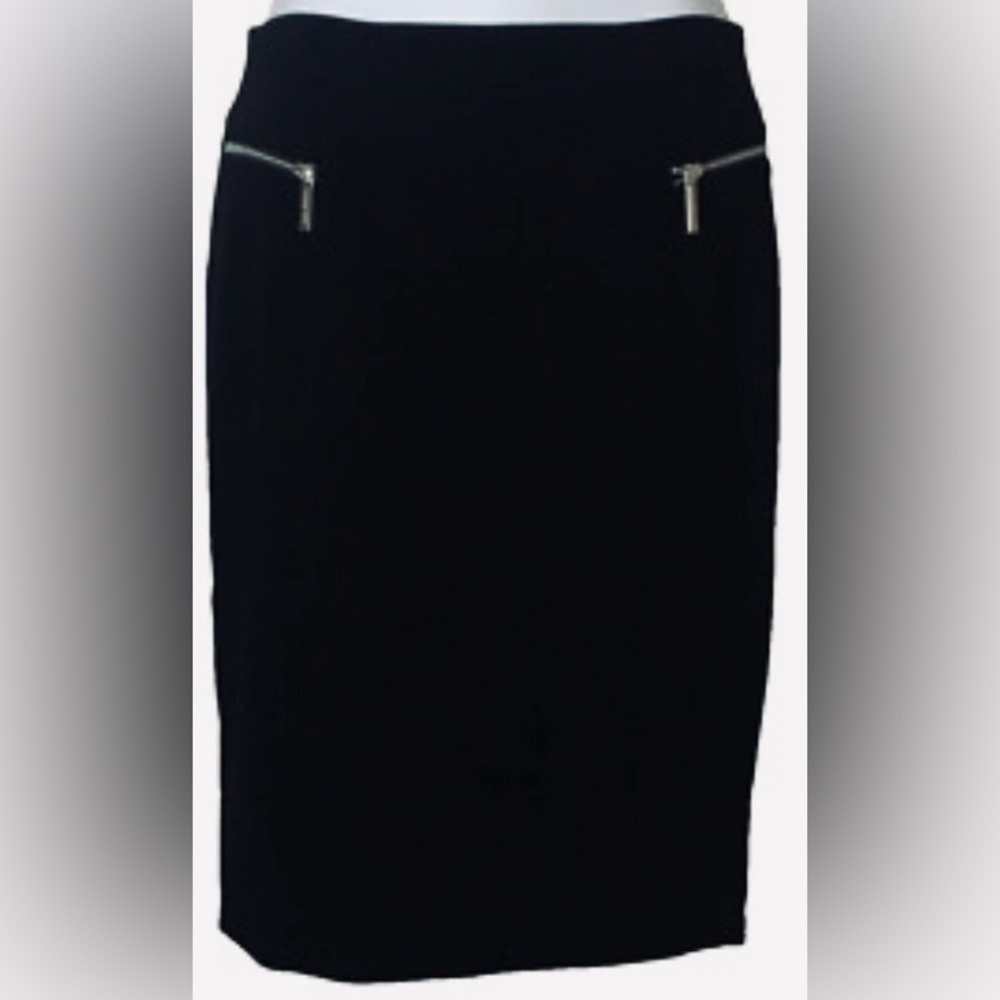 NWT Michael Michael Kors Black Ponte Knit Silver Zipper Detailed Pencil Skirt